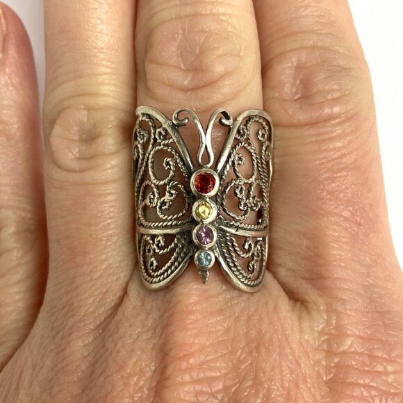 Sterling Silver 925 Multi Color Cubic Zirconia Filigree Butterfly Ring Sz 8.5 - Picture 1 of 16